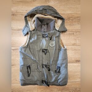 Y2K Colours of the World Military Puffer Vest Women S/M Slim Fit Faux Fur Hooded